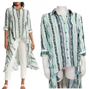Patrizia Luca Women's High Low Blouse Long Sleeve Shirtdress Button Green M